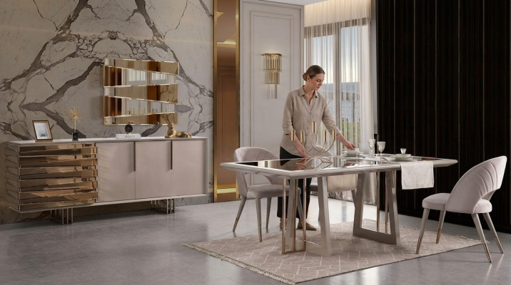 Salle à manger de luxe Ensemble de salle à manger Salle à manger Table Chaises Beige Bois Ensemble 8 pièces