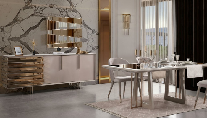 Salle à manger de luxe Ensemble de salle à manger Salle à manger Table Chaises Beige Bois Ensemble 8 pièces