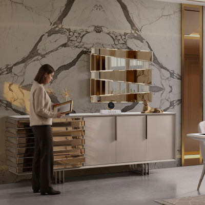 Sideboard Commode Armoire en bois Armoire Beige Or Luxe Salon