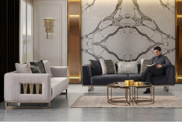 Suite moderne canapé trois places en tissu bleu-gris Ensemble de canapé 2 pièces design