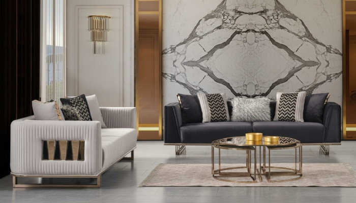 Suite moderne canapé trois places en tissu bleu-gris Ensemble de canapé 2 pièces design