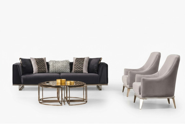 Groupe Canapé Canapés Trois Places Fauteuil Moderne Bleu Ensemble 3pcs Suite