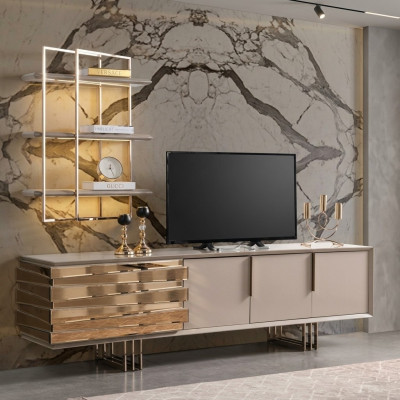 Meuble TV Buffet TV Basse Buffet Beige Or Ensemble de Salon Étagères Neuf