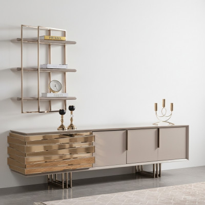 Meuble TV Buffet TV Basse Buffet Beige Or Ensemble de Salon Étagères Neuf