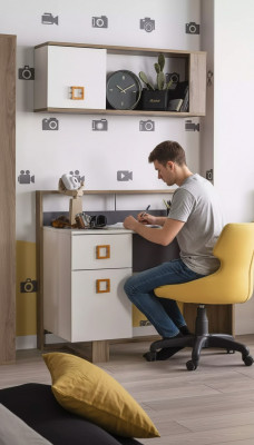 Bureau Chambre Enfants Ensemble 3 pièces Étagère Ordinateur Bois Chaise Jaune neuf