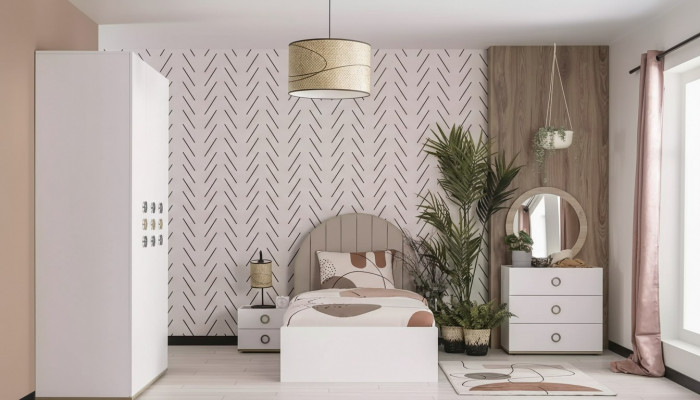 Chambre d'enfants Cadre de lit complet Mobilier pour enfants Lit en bois blanc Ensemble de 5 pièces