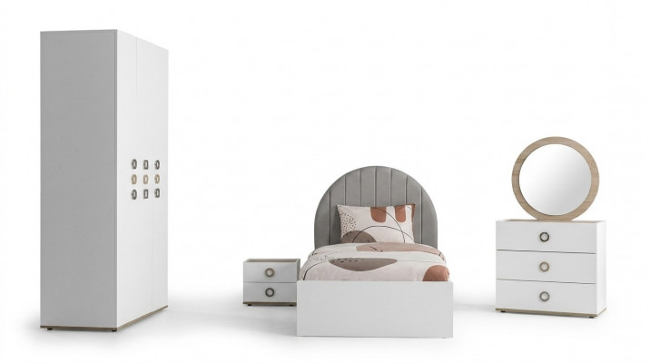 Chambre d'enfants Cadre de lit complet Mobilier pour enfants Lit en bois blanc Ensemble de 5 pièces