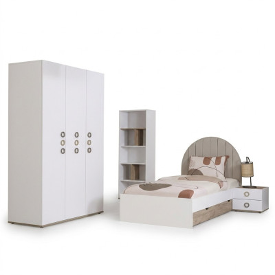 Suite de lit pour enfants Chambre d'enfants Table de chevet Lit Bois Blanc Ensemble 4 pièces