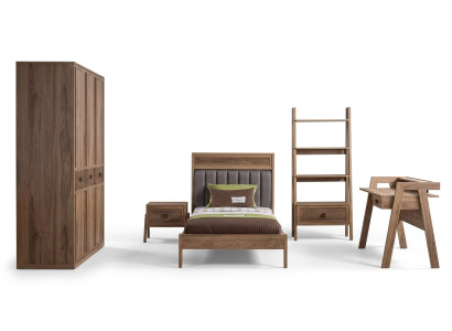 Lit en bois complet avec mobilier de chambre à coucher, lit pour jeunes, ensemble de literie brun 5 pièces.
