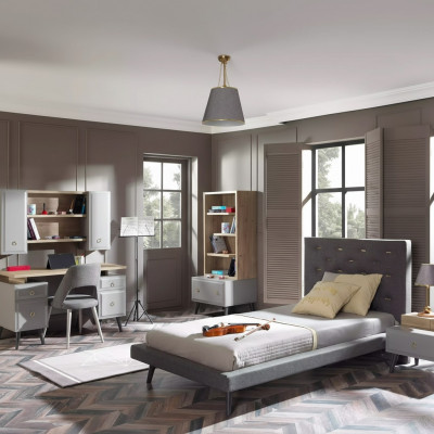 Lit de jeunesse complet Mobilier pour enfants Chambre d'enfants Lit en bois gris Ensemble de 5 pièces