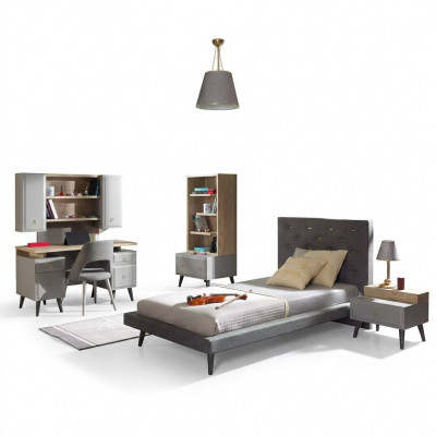 Lit de jeunesse complet Mobilier pour enfants Chambre d'enfants Lit en bois gris Ensemble de 5 pièces