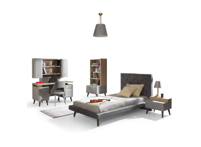 Lit de jeunesse complet Mobilier pour enfants Chambre d'enfants Lit en bois gris Ensemble de 5 pièces