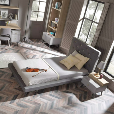 Suite Lit Jeunesse Table de chevet Chambre d'enfant Lit Bois Gris 120 cm 2 pièces