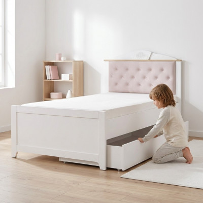 Lit fonctionnel Chesterfield, lit gigogne pour enfants en bois rose de 120 cm.