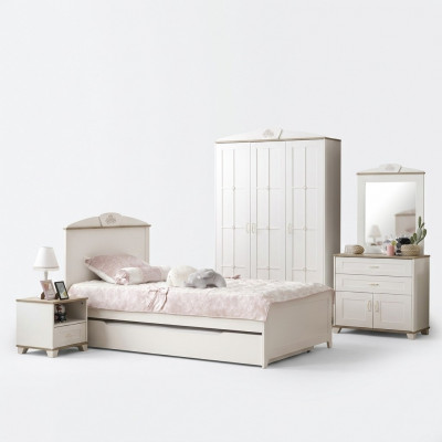 Lit enfant gigogne fonctionnel blanc en bois, ensemble de 5 pièces