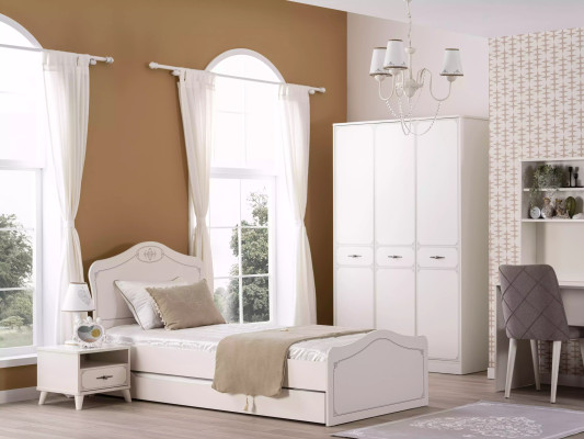 Lit de jeunesse complet, lit fonctionnel avec ensemble gigogne 3 pièces en bois blanc