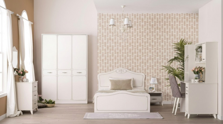 Lit complet pour jeunes, lit fonctionnel, ensemble extensible, 8 pièces, bois blanc
