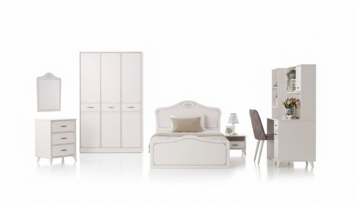 Lit complet pour jeunes, lit fonctionnel, ensemble extensible, 8 pièces, bois blanc
