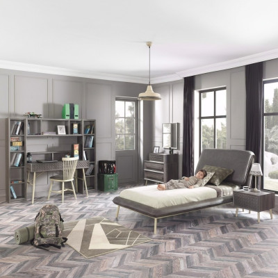 Lit complet pour jeunes, cadre de lit pour enfants, ensemble de chambre d'enfant en bois gris de 7 pièces.