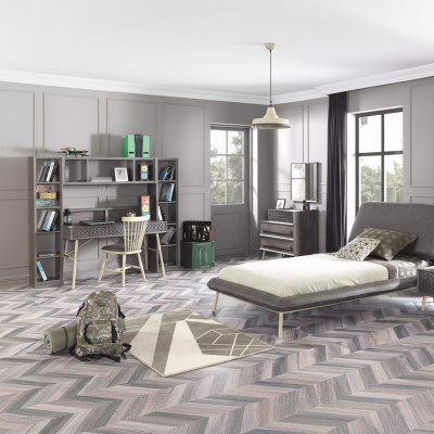 Lit complet pour jeunes, cadre de lit pour enfants, ensemble de chambre d'enfant en bois gris de 7 pièces.