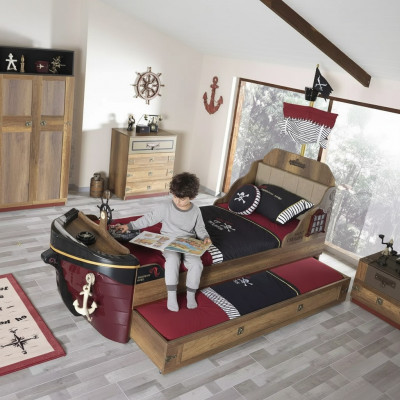Ensemble de 3 pièces pour enfants Lit jeunesse Cadre de lit Pirate en bois marron Chambre d'enfant