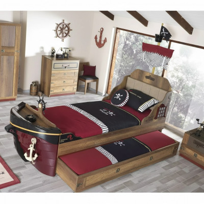 Ensemble de 3 pièces pour enfants Lit jeunesse Cadre de lit Pirate en bois marron Chambre d'enfant