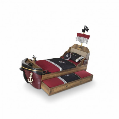 Ensemble de 3 pièces pour enfants Lit jeunesse Cadre de lit Pirate en bois marron Chambre d'enfant
