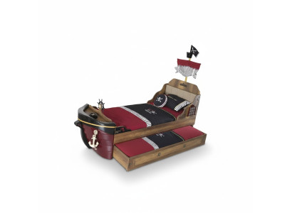 Ensemble de 3 pièces pour enfants Lit jeunesse Cadre de lit Pirate en bois marron Chambre d'enfant