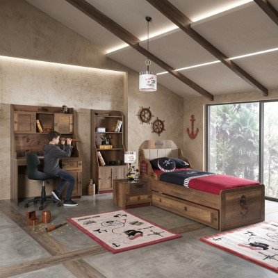 Chambre d'enfants Suite Lit de pirate Cadre de lit pour jeunes en bois Marron Ensemble 5 pièces