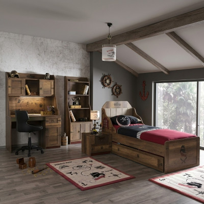 Chambre d'enfants Suite Lit de pirate Cadre de lit pour jeunes en bois Marron Ensemble 5 pièces