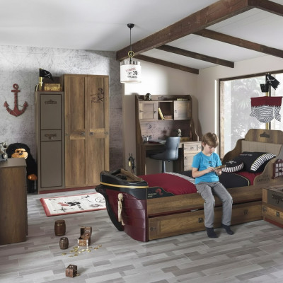 Chambre d'enfants Lit de pirate Armoire de bateau Table Lits doubles 5 pièces