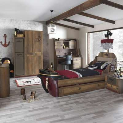 Chambre d'enfants Lit de pirate Armoire de bateau Table Lits doubles 5 pièces