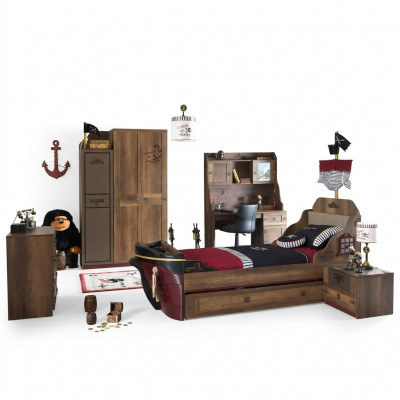 Chambre d'enfants Lit de pirate Armoire de bateau Table Lits doubles 5 pièces