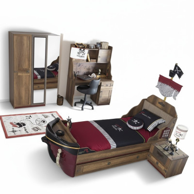 Lit fonctionnel de pirate Lit d'enfants Marron Bois Ensemble Table de chevet Lits Lit