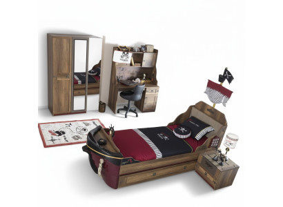 Lit fonctionnel de pirate Lit d'enfants Marron Bois Ensemble Table de chevet Lits Lit