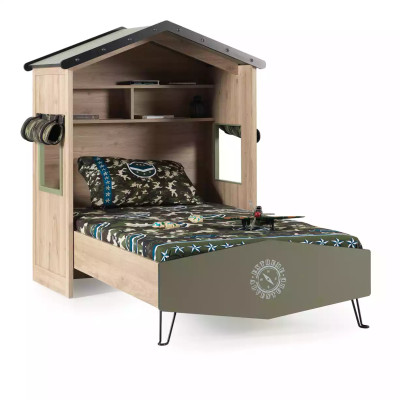 Lit d'enfants en bois vert complet, ensemble de table de chevet 2 pièces