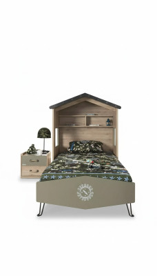 Lit d'enfants en bois vert complet, ensemble de table de chevet 2 pièces