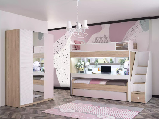 Lit superposé Lit avec 3 places de couchage Lit multifonction Bois Rose Luxe Lit mezzanine