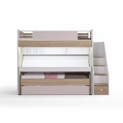 Lit superposé Lit avec 3 places de couchage Lit multifonction Bois Rose Luxe Lit mezzanine