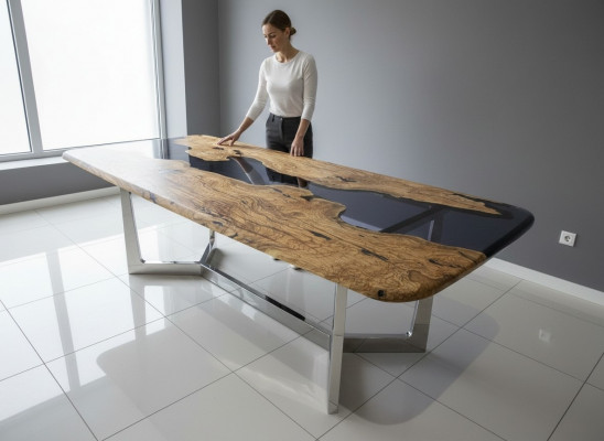 Table à manger Table de cuisine en résine époxy Table de salle à manger Table de 240 cm en bois Marron