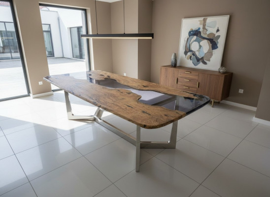 Table à manger Table de cuisine en résine époxy Table de salle à manger Table de 240 cm en bois Marron