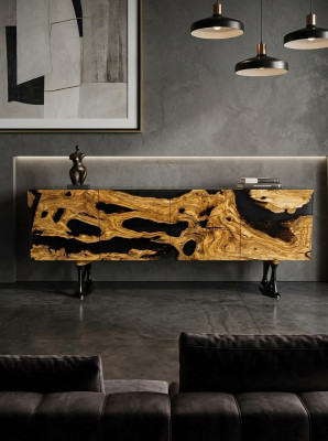 Meuble TV buffet buffet TV bas en résine époxy bois brun pour le salon.