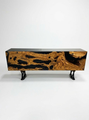Meuble TV buffet buffet TV bas en résine époxy bois brun pour le salon.
