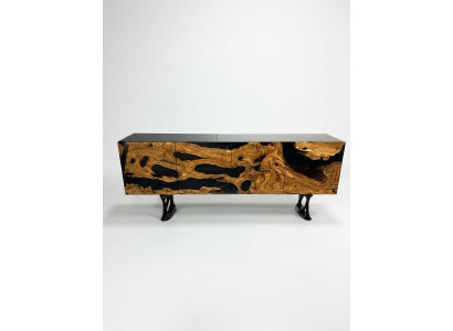Meuble TV buffet buffet TV bas en résine époxy bois brun pour le salon.