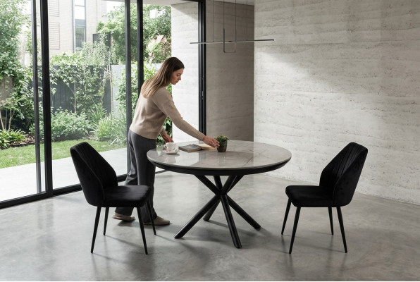 Table de salle à manger Table de salle à manger extensible Table ronde en bois gris Neuf