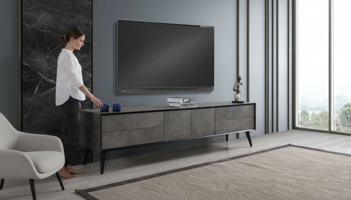TV-cabinet Lowboard Stand TV Salon Gris Bois Buffet Table Moderne