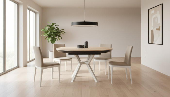 Table de cuisine moderne Table de salle à manger Extensible Ronde Bois Beige