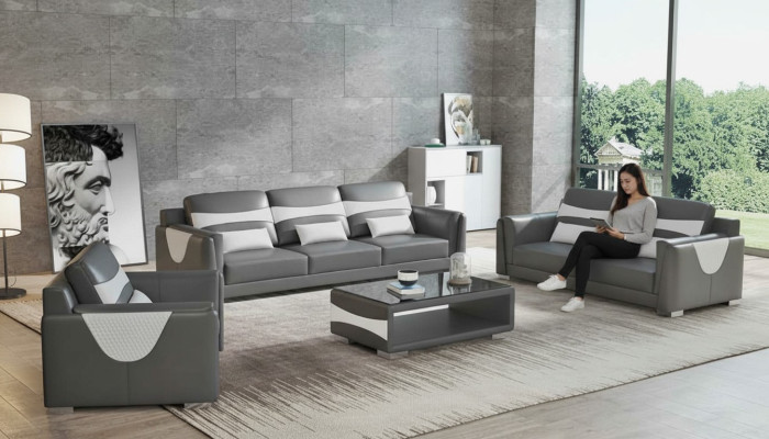 Ensemble de canapé de luxe complet, ensemble de canapé en cuir synthétique gris 3-2-1