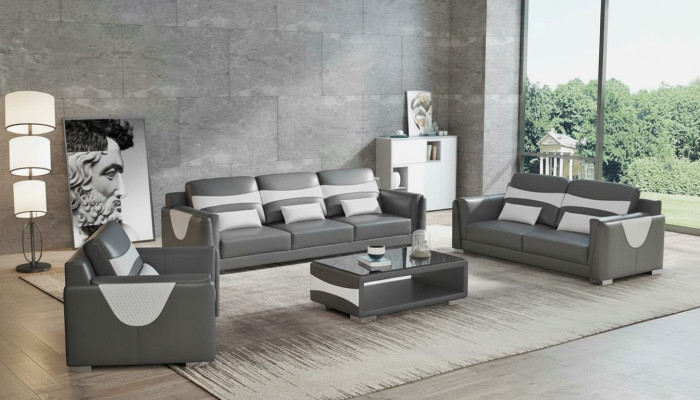 Ensemble de canapé de luxe complet, ensemble de canapé en cuir synthétique gris 3-2-1