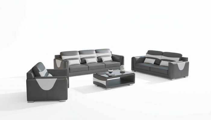 Ensemble de canapé de luxe complet, ensemble de canapé en cuir synthétique gris 3-2-1